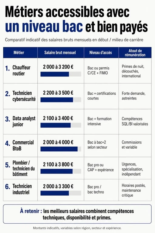 Infographie sur les métiers niveau bac bien payé avec salaires et accès