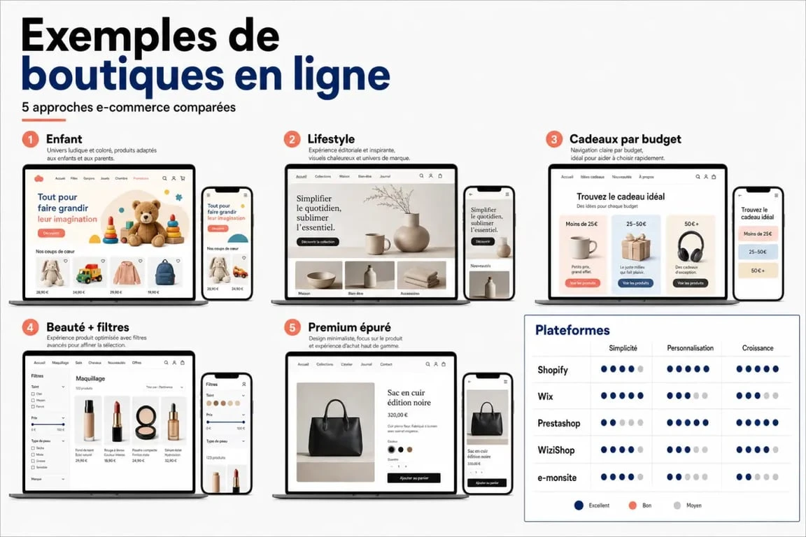Exemple de boutique en ligne comparant plusieurs univers e-commerce et plateformes