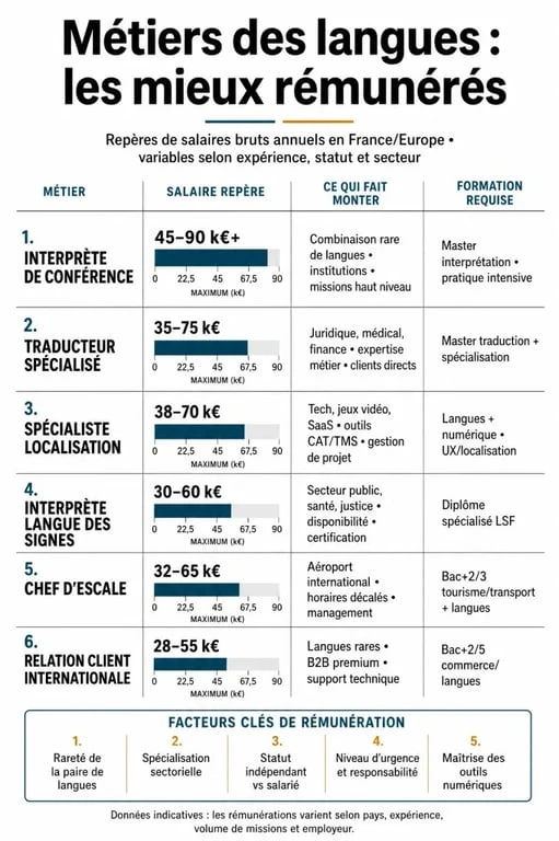 Infographie sur les métiers langues bien payés avec comparaison des salaires et des formations
