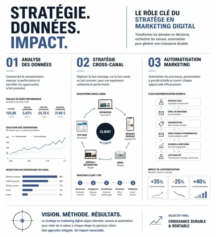Infographie des compétences clés d'un Digital Marketing Strategist : analyse de données, stratégie cross-canal et marketing automation.