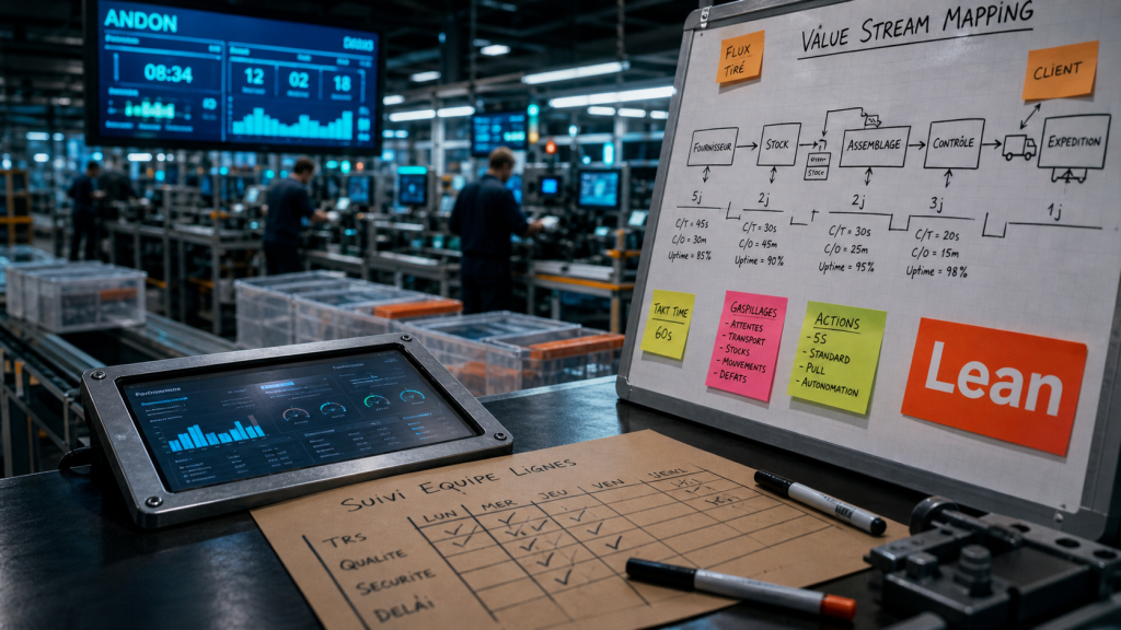 Management lean manufacturing : atelier réduisant les 8 gaspillages, fiche de suivi et Andon