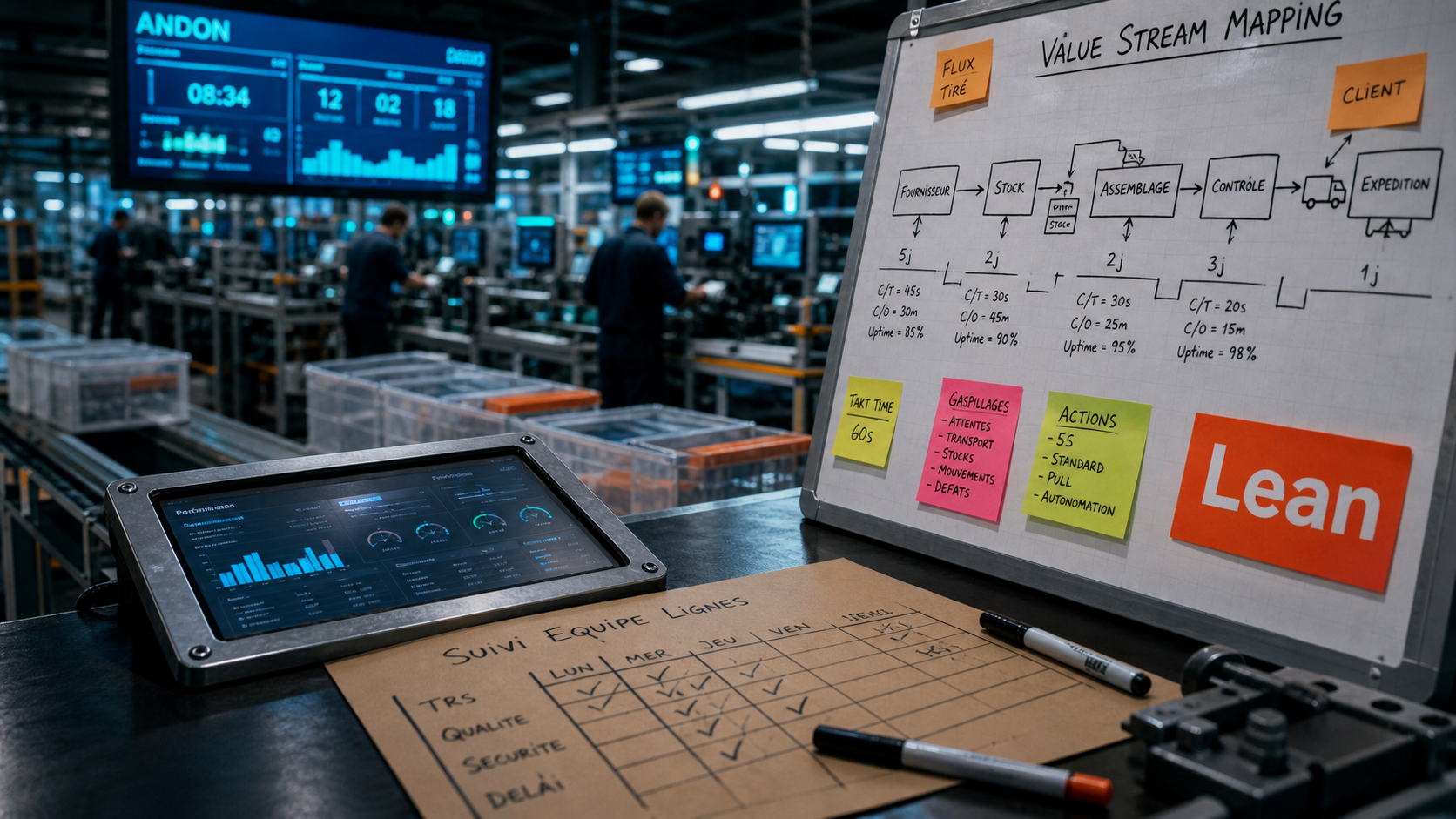 Management lean manufacturing : atelier réduisant les 8 gaspillages, fiche de suivi et Andon