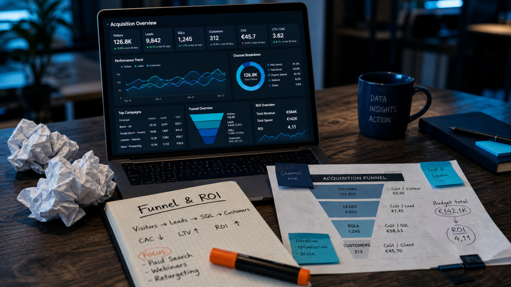 Stratégie d acquisition rentable : KPI et funnel ROI sur tableau de bord