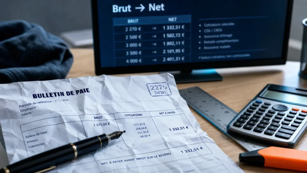 2270 brut en net : 1743,12 euros à prévoir sur votre fiche de paie