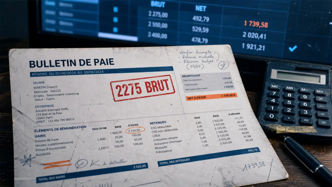 2275 brut en net sur fiche de paie à vérifier