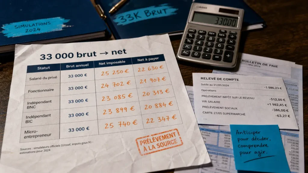 33 000 € brut en net : calcul, prélèvement et réalité du salaire mensuel