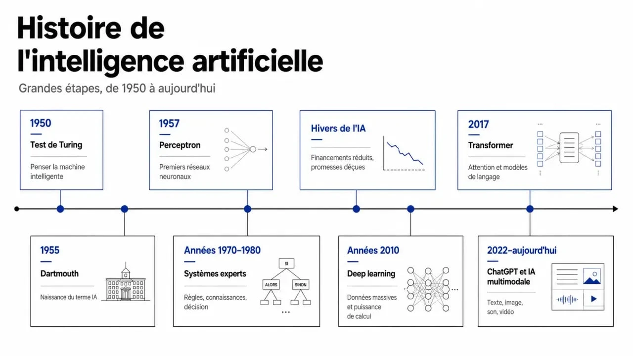 Intelligence artificielle histoire : frise chronologique des grandes étapes, de Turing aux modèles génératifs