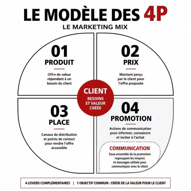 Schéma illustrant la différence entre marketing et communication via le modèle des 4P