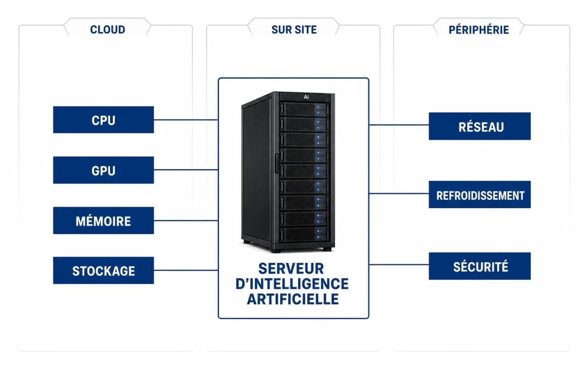 Schéma d’un serveur intelligence artificielle montrant CPU, GPU, mémoire, stockage et réseau