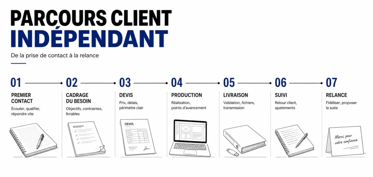 Gestion de la relation client pour indépendants : parcours client d’un freelance du premier contact au suivi après livraison