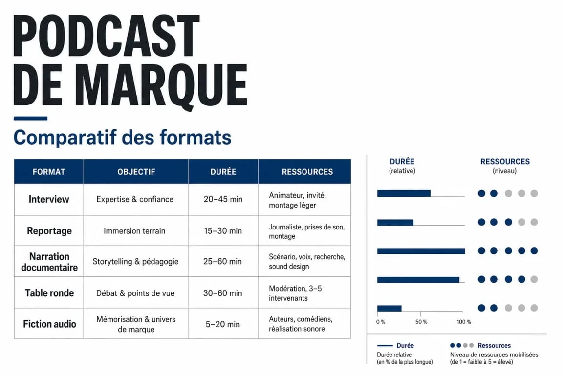 Podcast de marque : tableau comparatif des formats selon l’objectif, la durée et les ressources