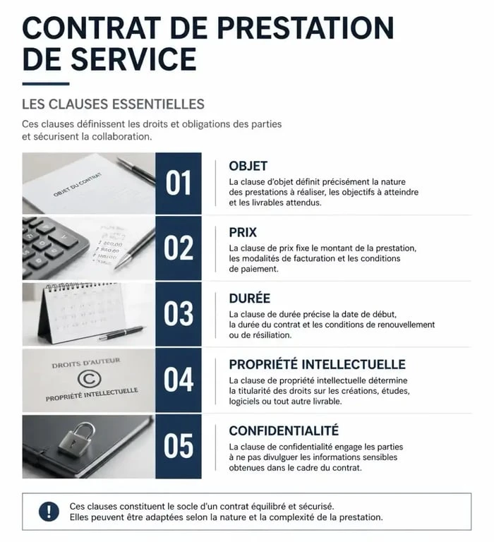 Infographie des clauses essentielles d'un modèle contrat de prestation de service