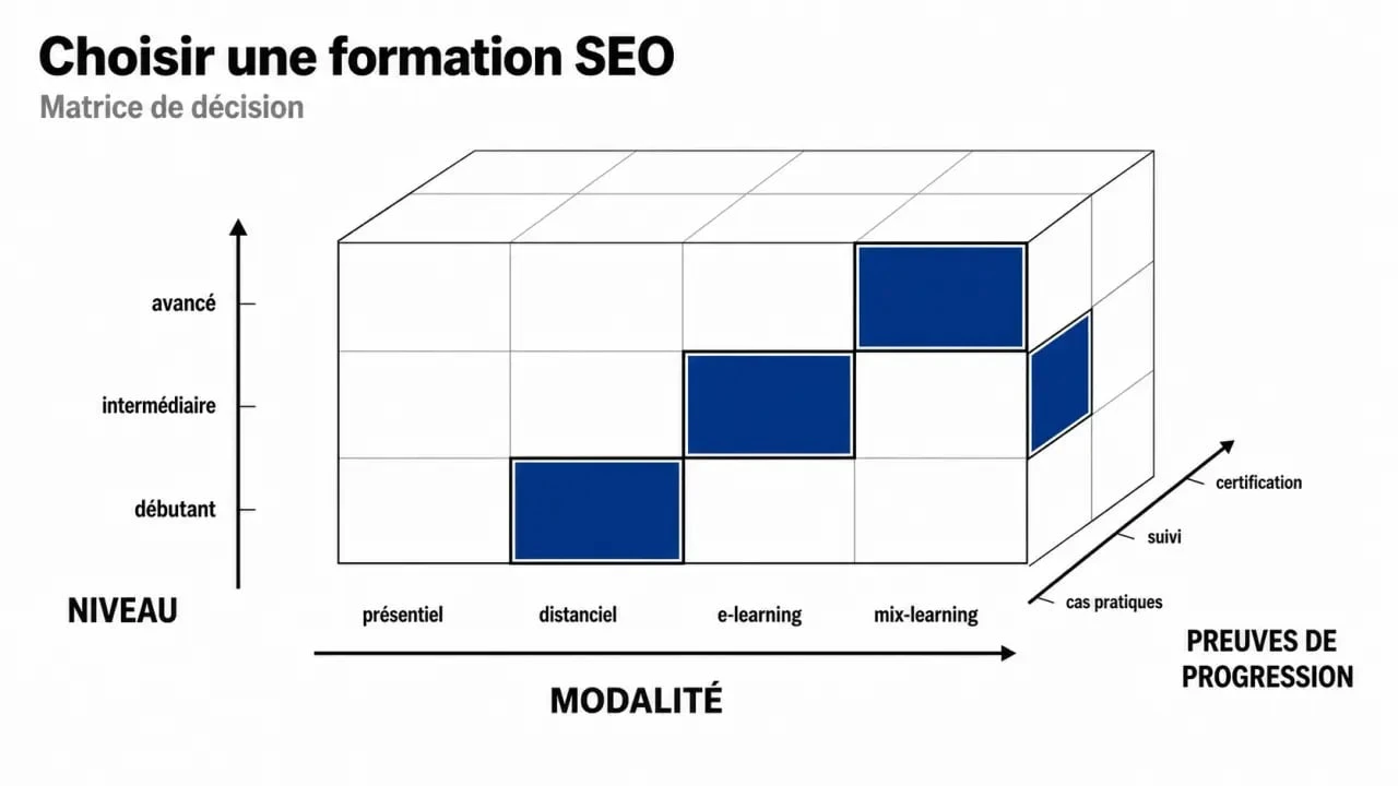 Formation SEO : matrice de choix selon le niveau, le format et les preuves de progression