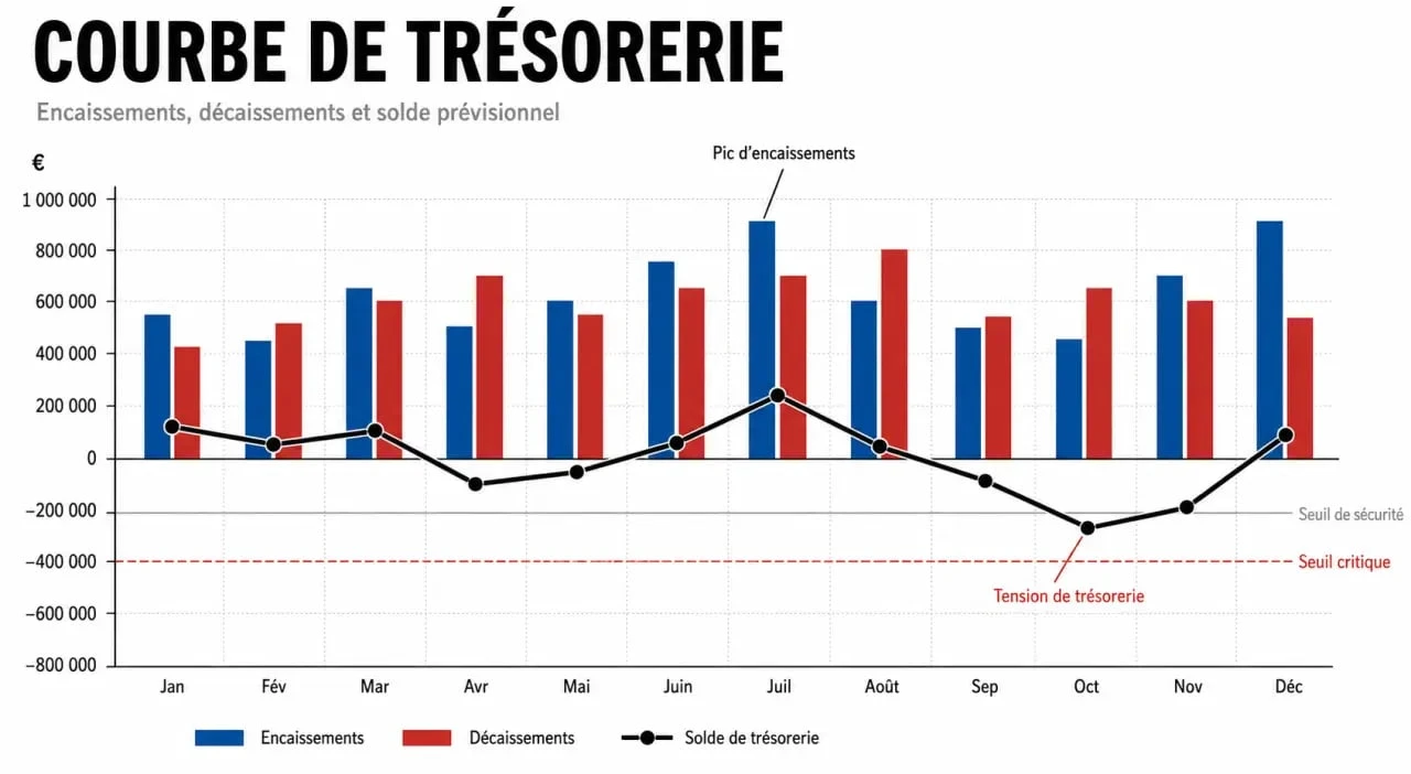 Graphique illustrant la prévision de trésorerie avec encaissements et décaissements