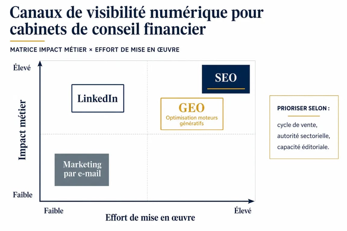 Infographie comparative des leviers de visibilité digitale pour un cabinet de conseil en finance