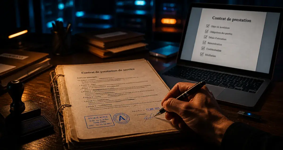 Modèle contrat de prestation de service : main signe le contrat et mentions clés