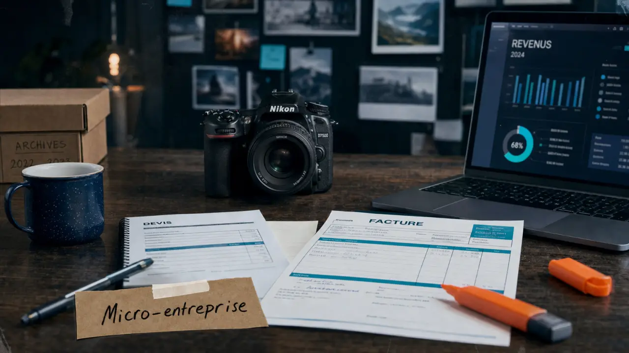 Photographe et auto entrepreneur : bureau pro avec appareil photo et micro-entreprise