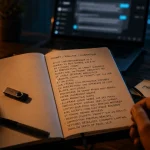Question chatgpt : prompt et carnet, clé USB sur bureau sombre