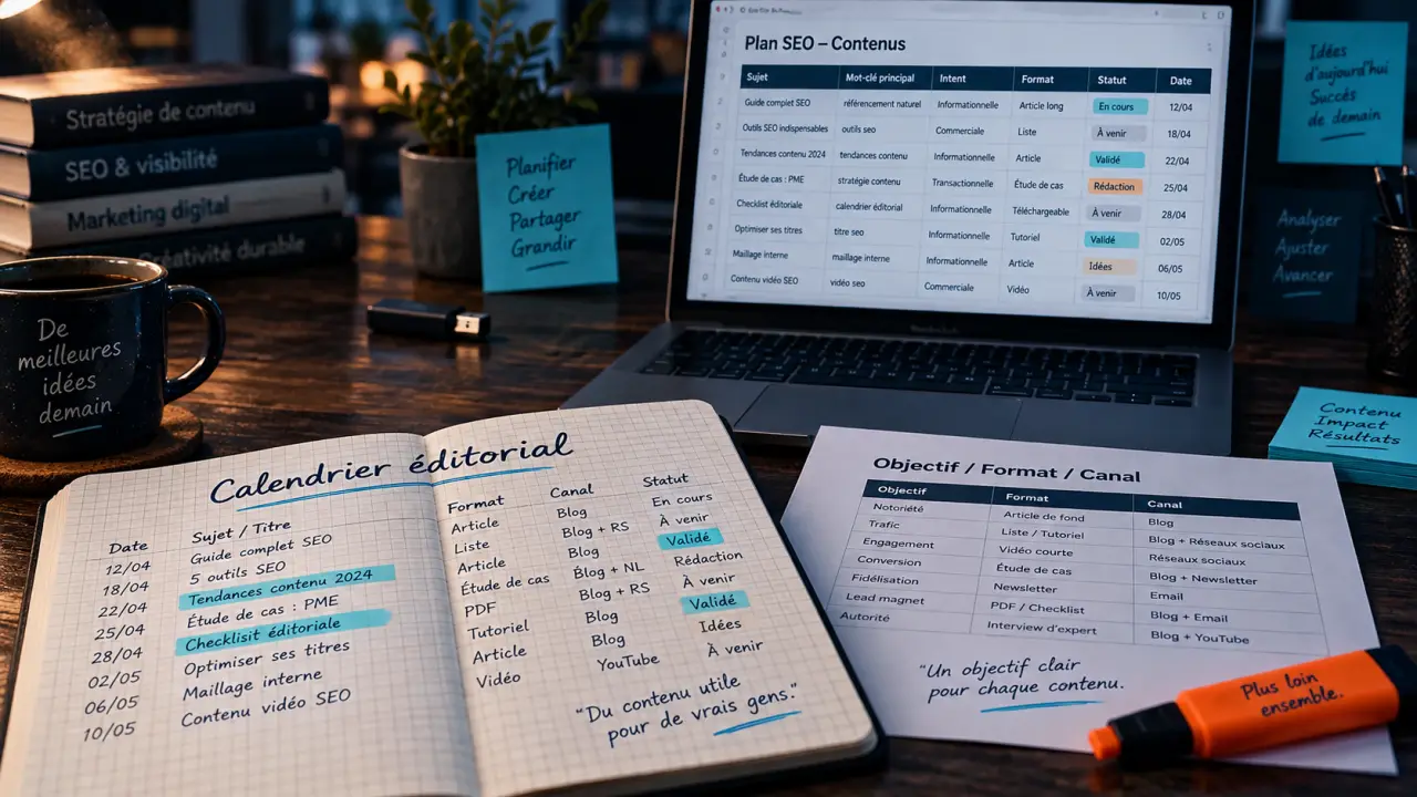 Création de contenu digital : calendrier éditorial SEO, objectifs et formats