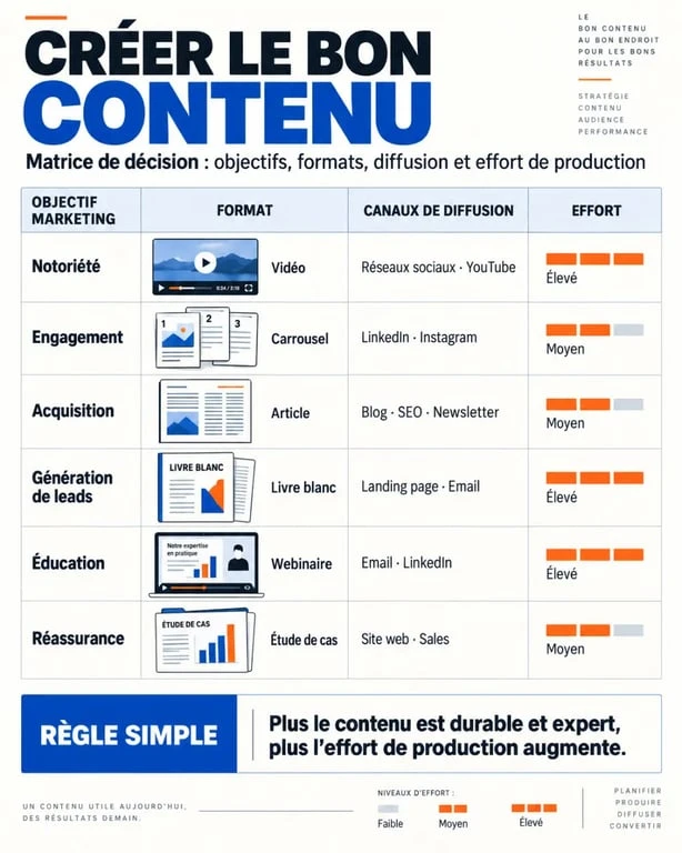 Infographie sur la création de contenu digital selon les objectifs, formats, canaux et efforts de production