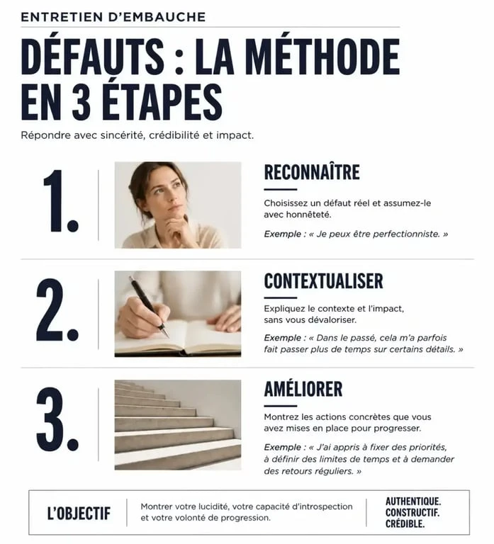 Infographie de la méthode en 3 étapes pour présenter ses 3 défauts en entretien d'embauche