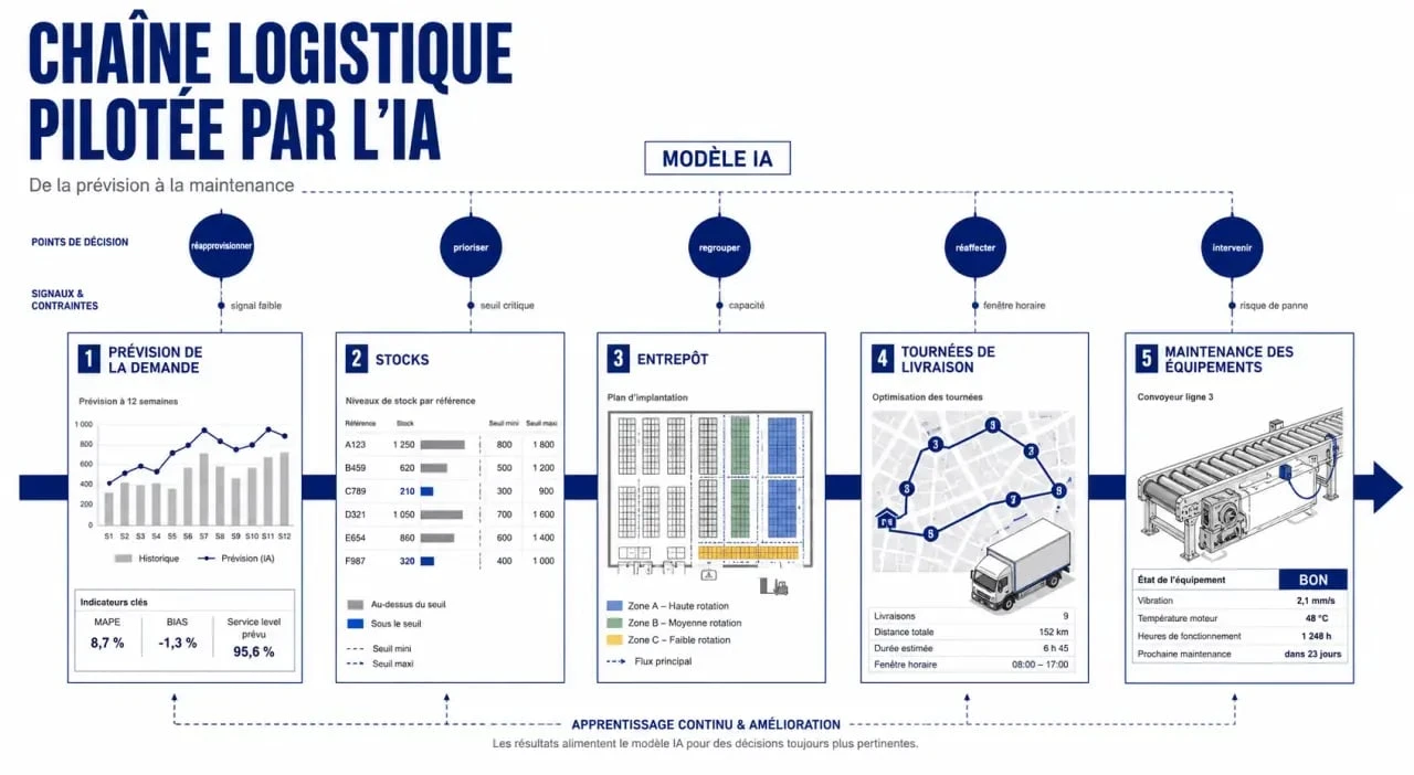 IA logistique : chaîne d’approvisionnement connectée avec prévision, stocks et livraison