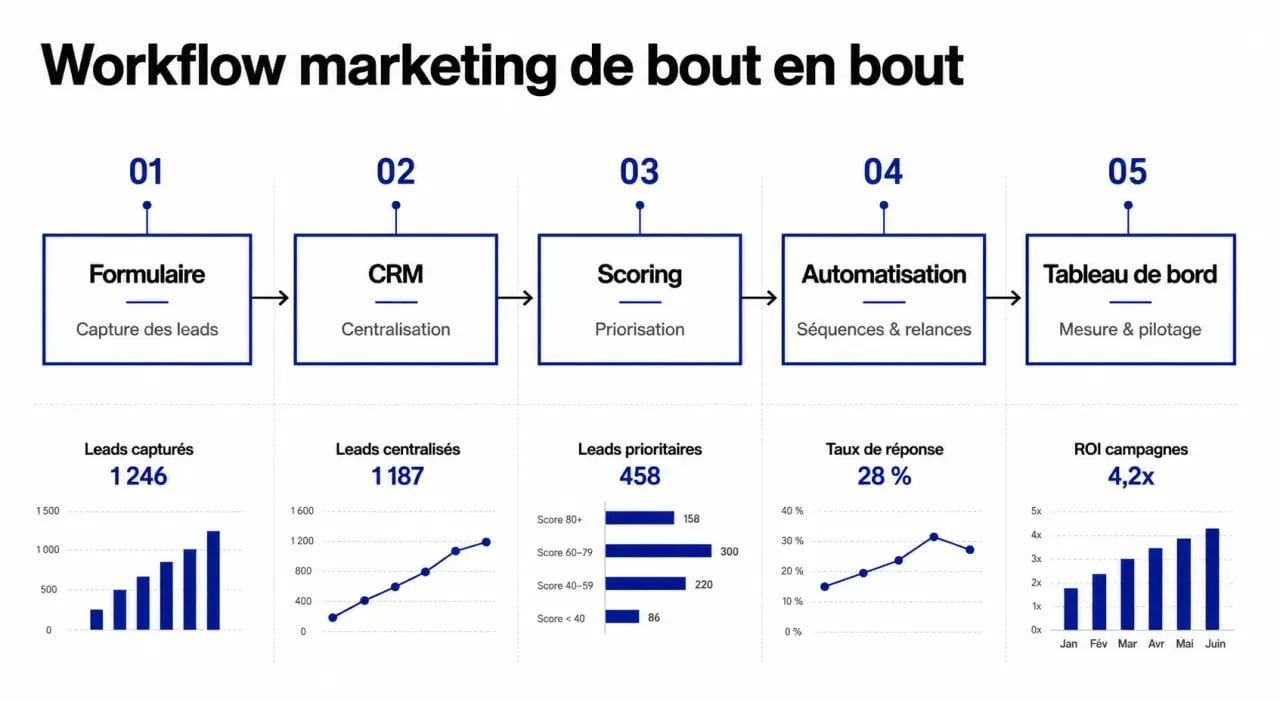 Workflow du meilleur outil marketing digital intégration logiciels 2026 du formulaire au tableau de bord