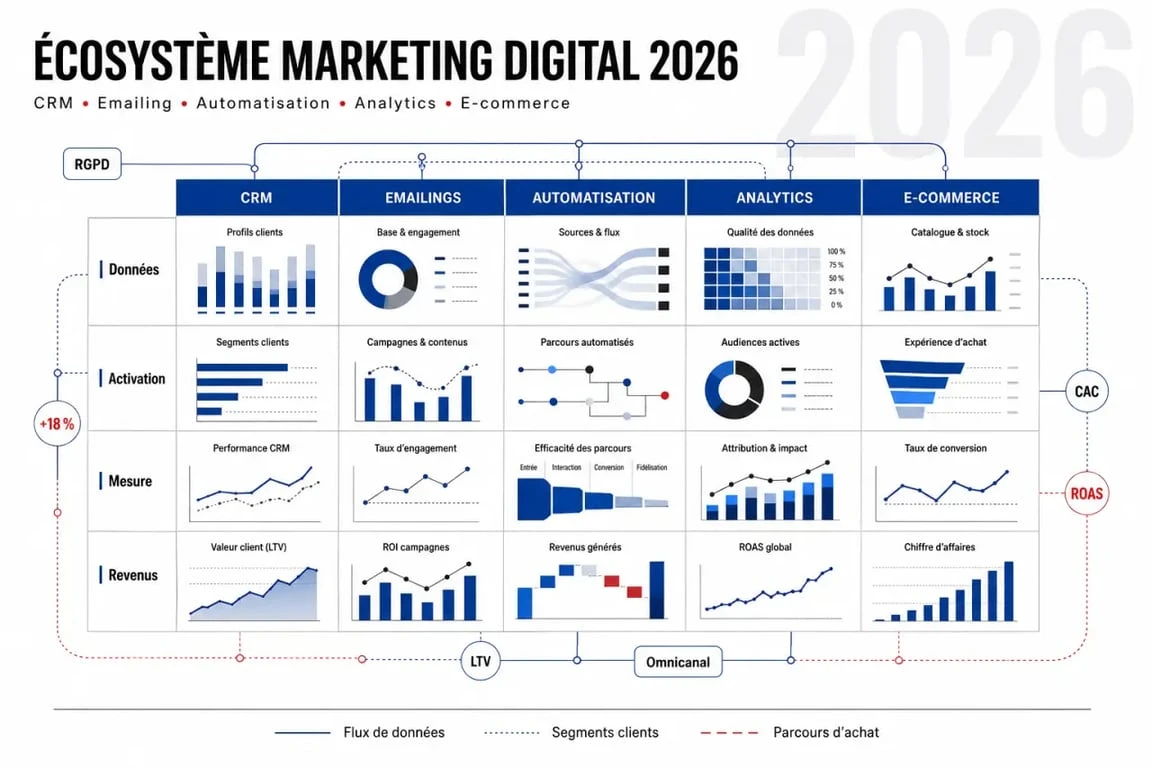 Comparatif du meilleur outil marketing digital intégration logiciels 2026 entre CRM, emailing, automatisation et analytics