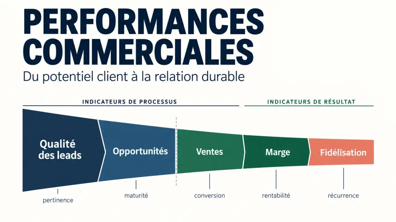 Performances commerciales : schéma du funnel reliant KPI de processus, conversion, marge et fidélisation