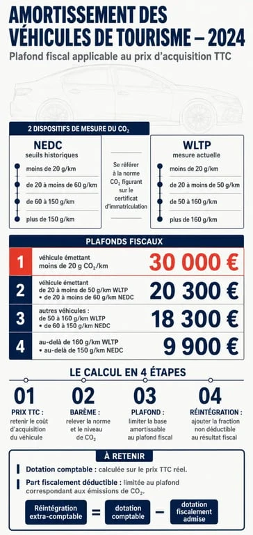 Infographie sur la limite amortissement véhicule tourisme 2024, plafonds fiscaux et seuils de CO2