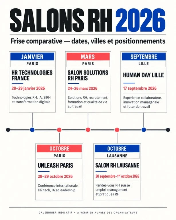 Infographie comparative des principaux salons des ressources humaines en France et en Suisse