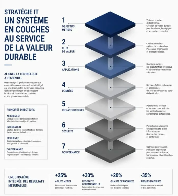 stratégie IT illustrée comme une architecture en couches reliant métiers, données, applications et gouvernance