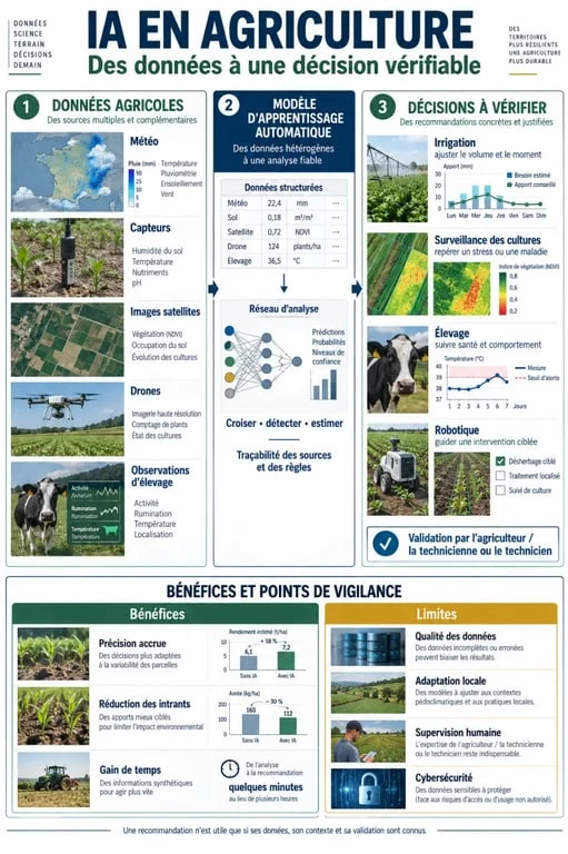 Infographie sur l’intelligence artificielle en agriculture, des données agricoles aux décisions de terrain