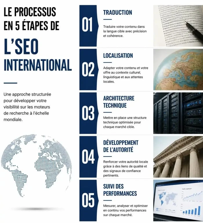 Schéma du processus de référencement par une agence SEO internationale : de la traduction à la performance.