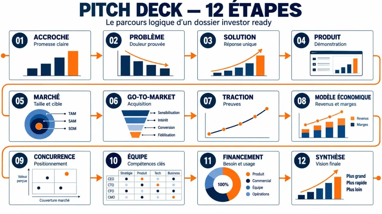 Structure d’un pitch deck investor ready en 12 slides pour une levée de fonds
