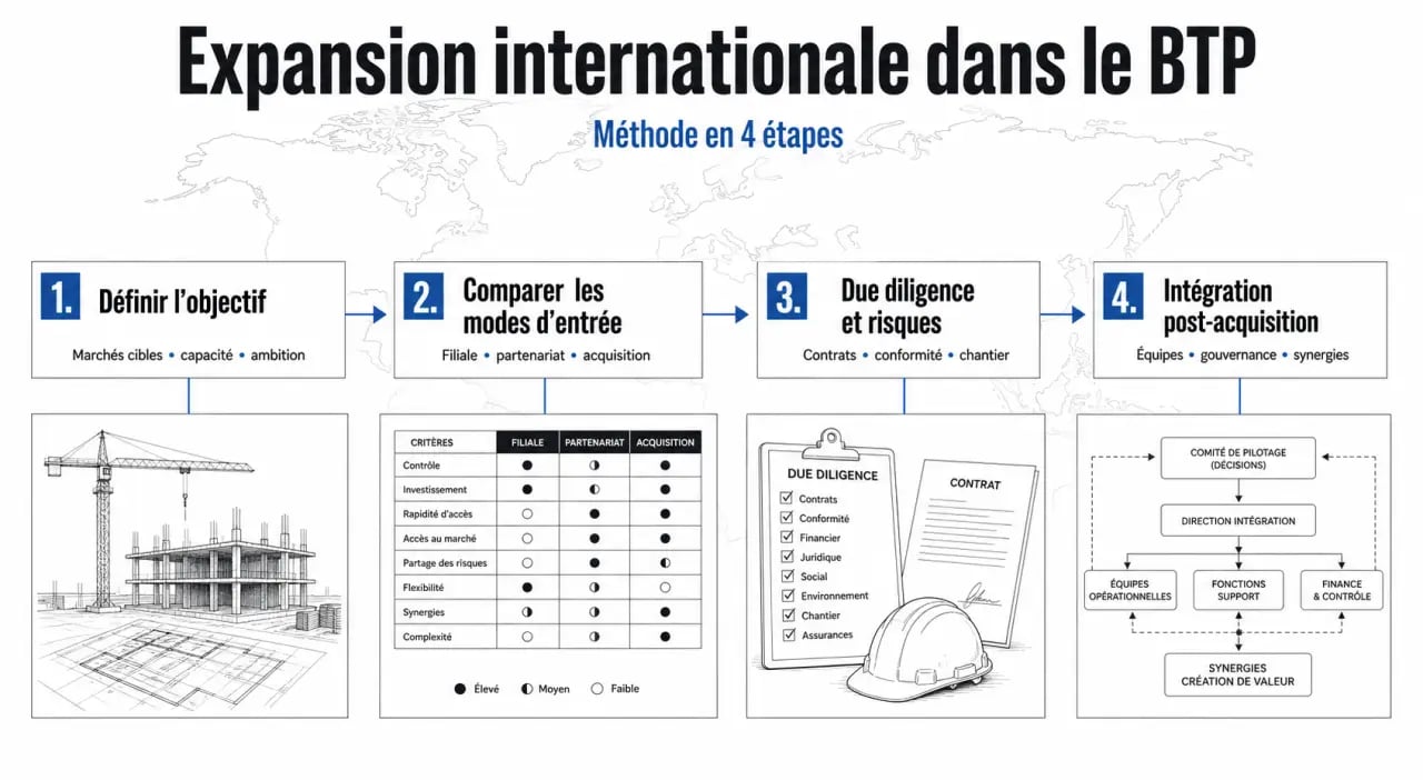 Stratégies d'expansion internationale pour les entreprises du secteur BTP illustrées par une frise méthodologique en quatre étapes