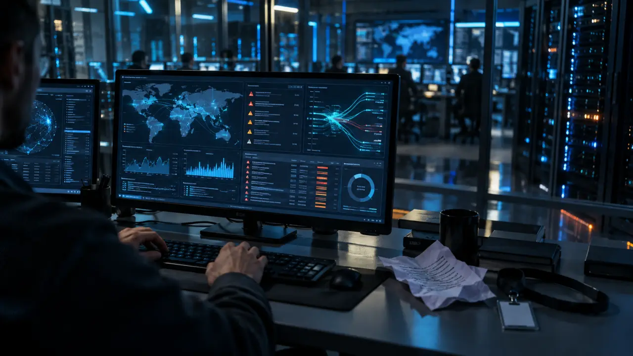 IA cybersécurité SOC détecte en minutes, écrans de logs et alertes