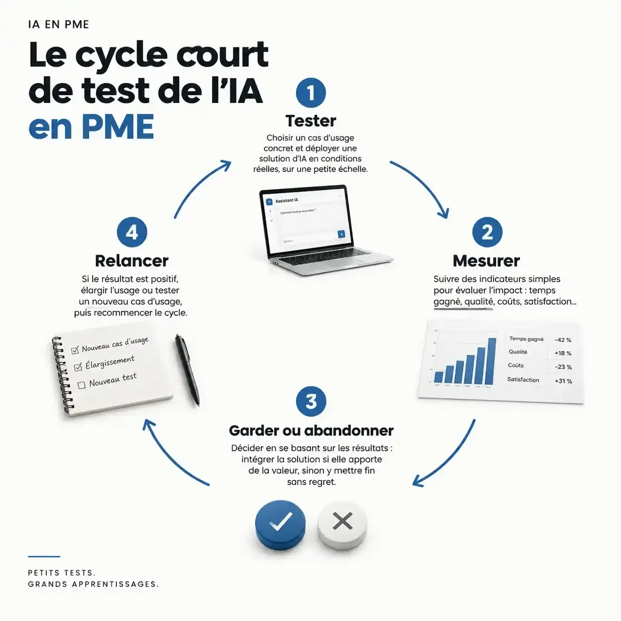 Schéma du cycle de test de l'IA en PME : tester, mesurer, décider puis relancer en quatre à six semaines