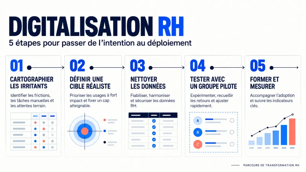 Étapes clés d’un projet de digitalisation RH, du diagnostic au suivi de l’adoption
