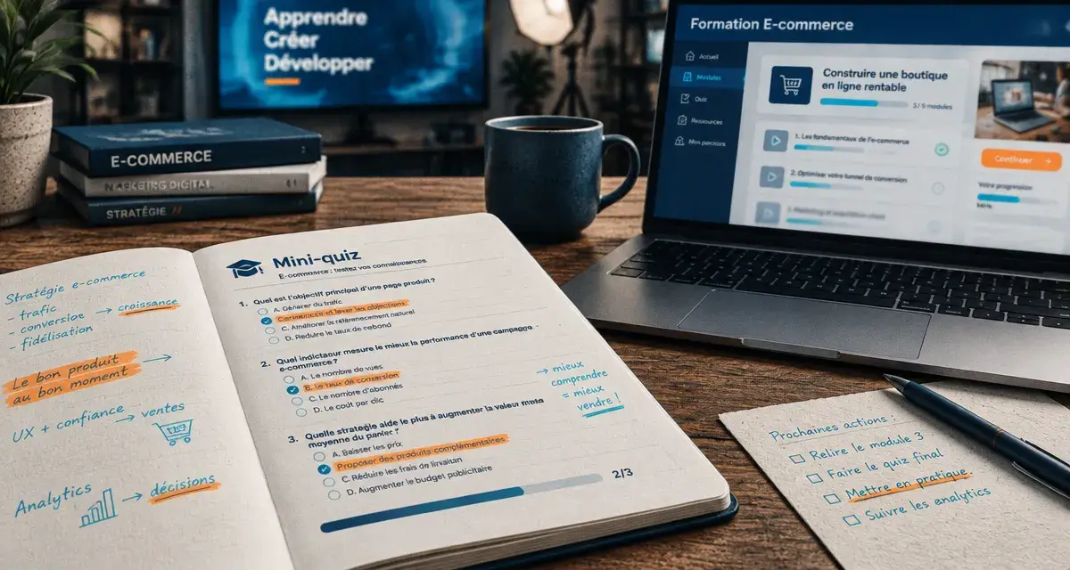 Formation vente en ligne : carnet quiz et interface e-commerce